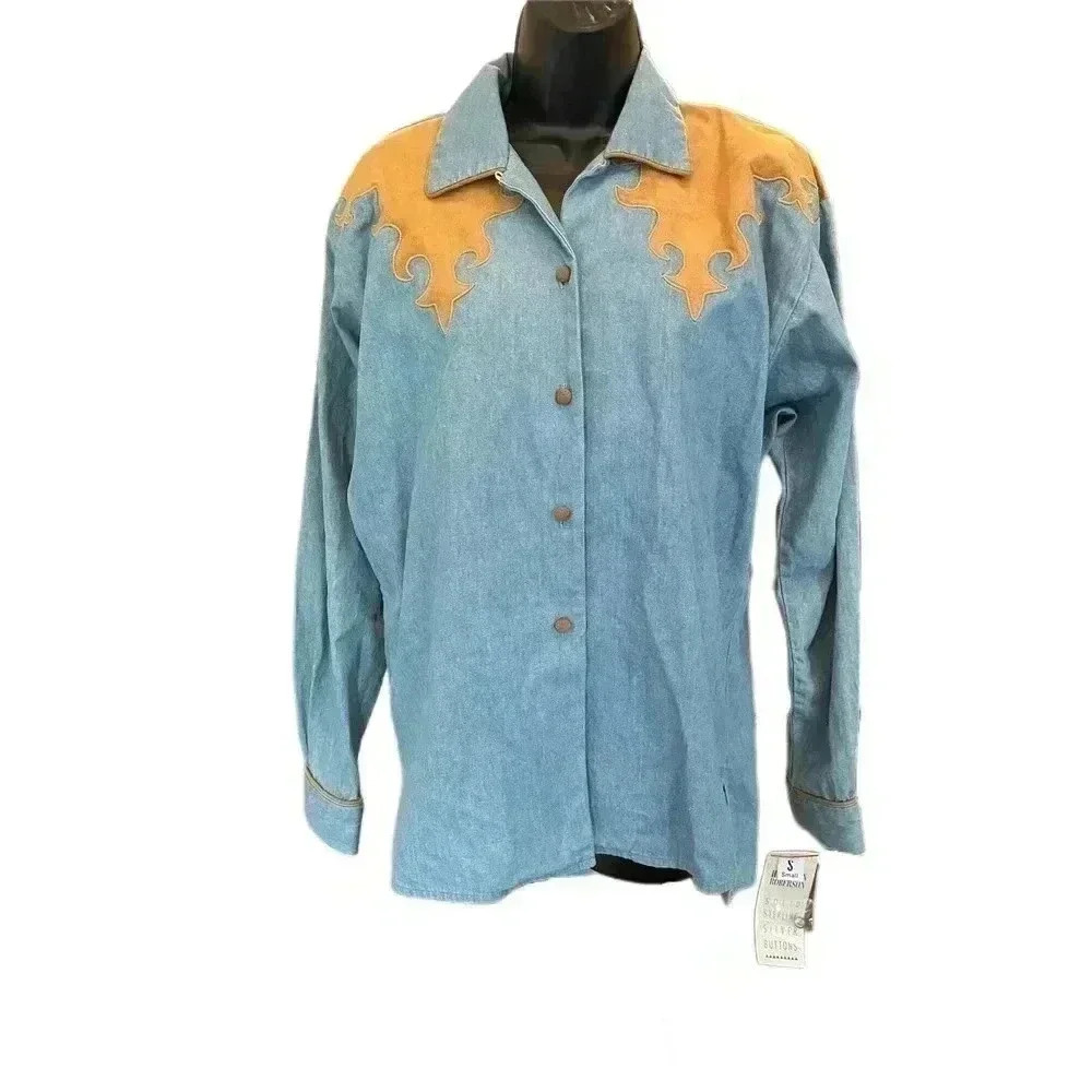 NWT HAIRSTON ROBERSON Vintage Jean and Suede Southwestern Shirt - size Small